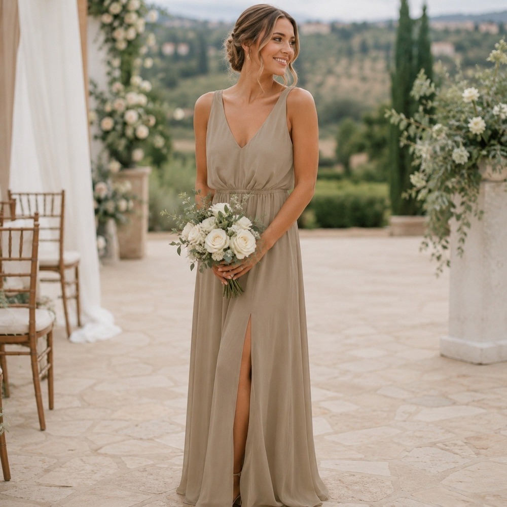 Show Me Your Mumu Maxi Dress Womens Small Taupe V-Neck Side Slit Bridesmaid Gown
